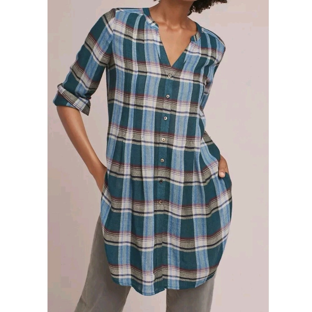 Akemi + Kin Anthropologie Plaid Lumberjack Tunic Top Size S Blue Wool Blend